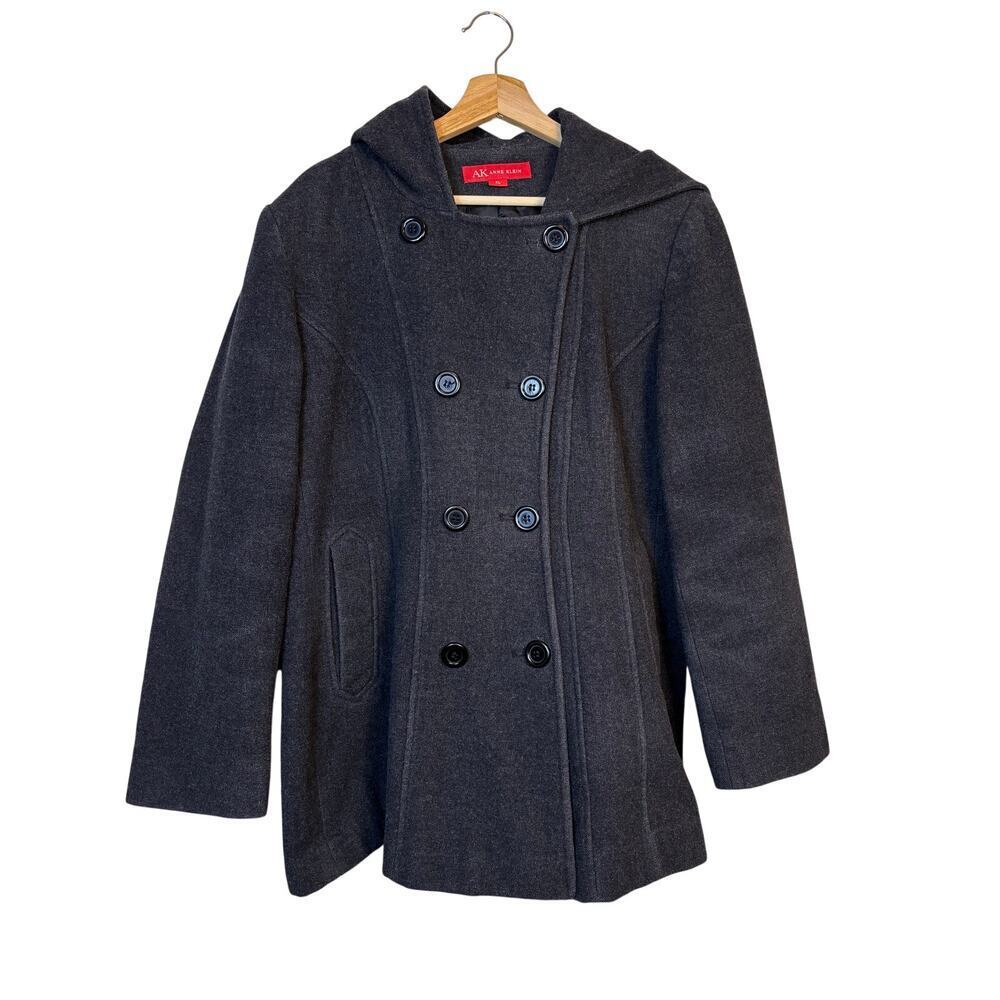 Anne Klein Double Breasted Wool Blend Peacoat Size XL Charcoal Hooded Commutes